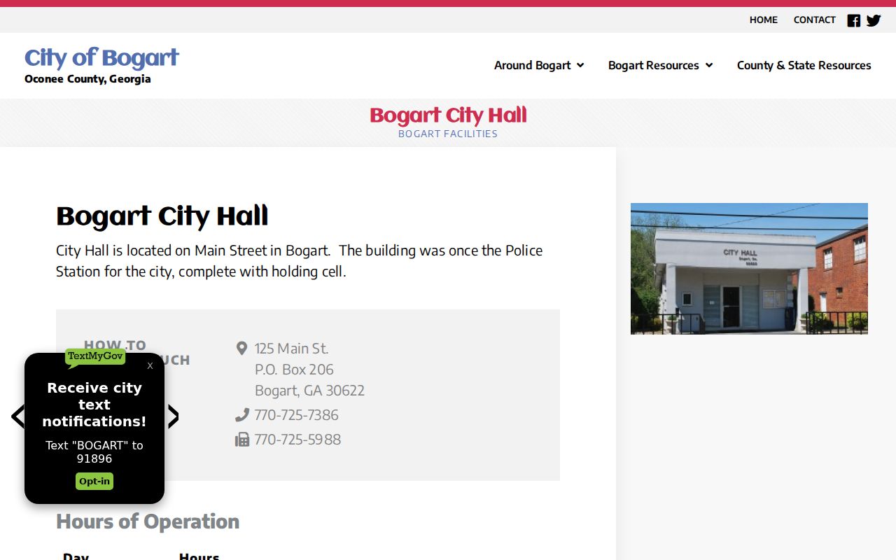 Bogart City Hall building and Bogart court docket contact context
