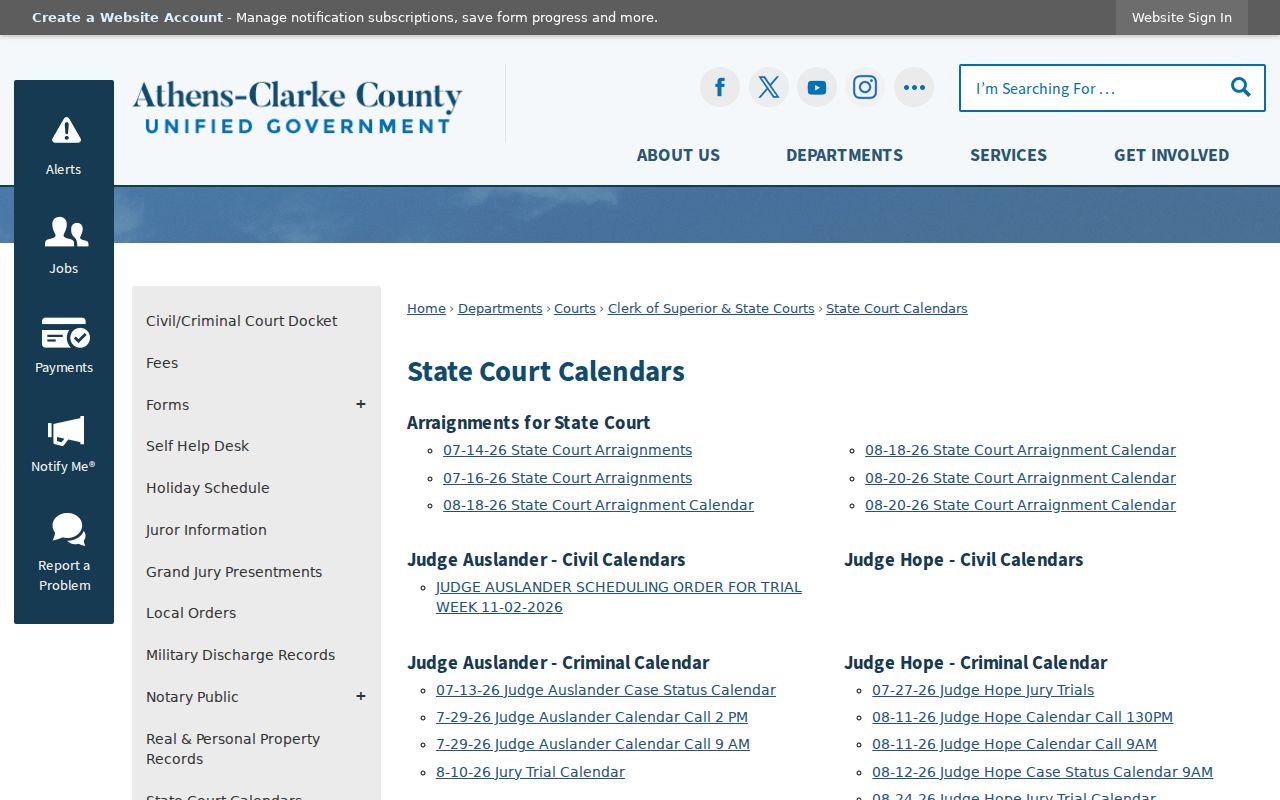 Clarke County court calendar index for State Court hearing dates